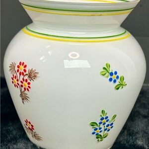Vintage Hand Painted White Glass Small Vase Unmarked Red & Blue Flowers